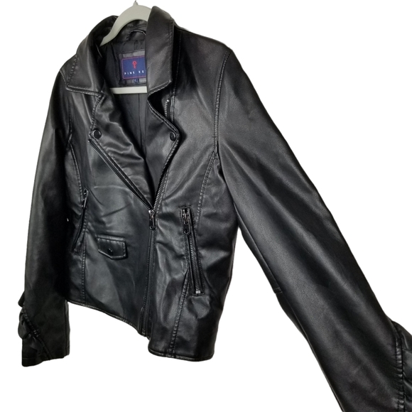Pink Key Black Vegan Leather Moto Jacket with Ruffle Sleeves Women's Size Large - Picture 5 of 11